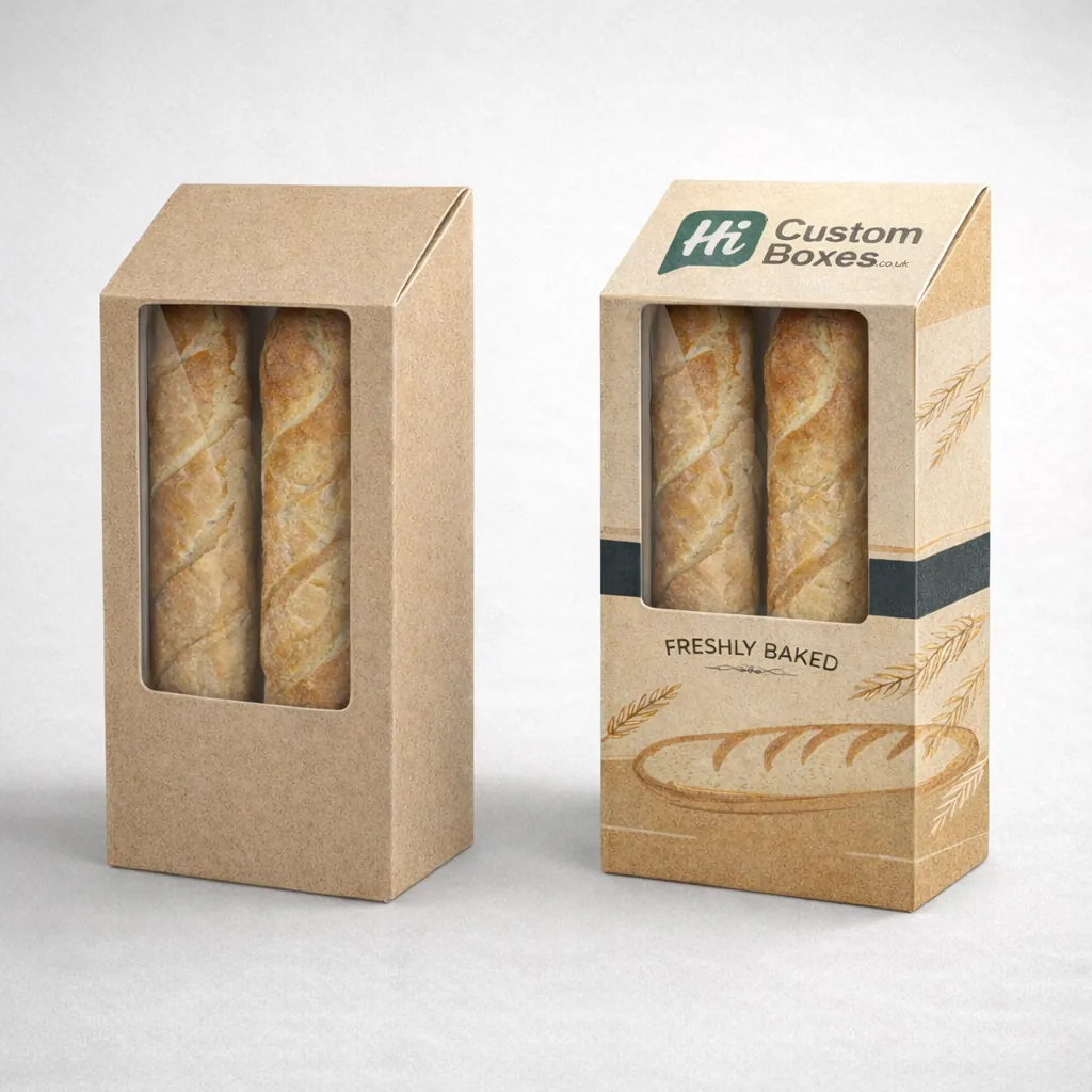 Custom kraft baguette boxes with a large clear window and 